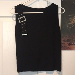 Black ribbed tank top with buckle shoulder strap
